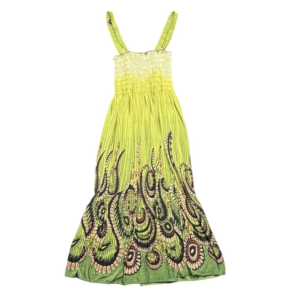 Vintage Y2K Whimsigoth Smocked Maxi Dress Paisley Green Fairycore Boho S/M